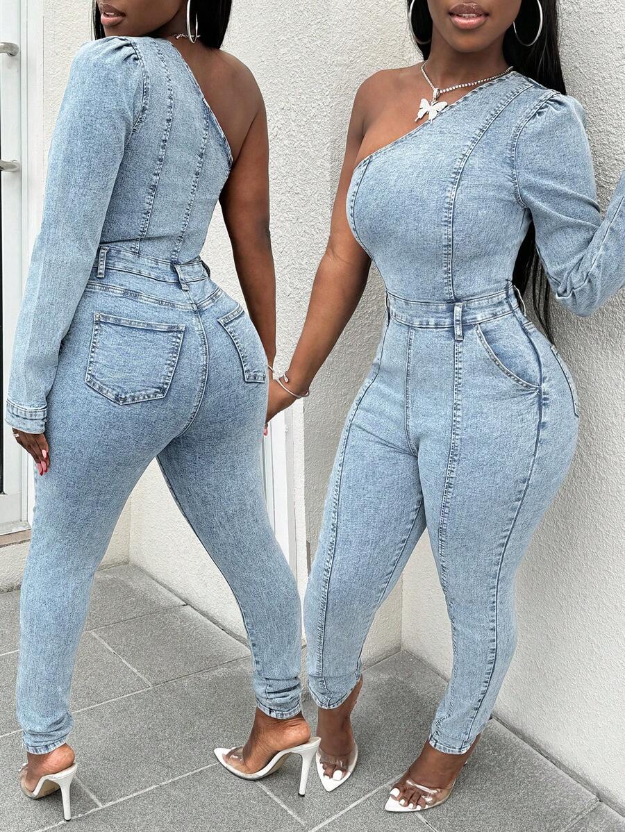 Slaydiva Mono de mezclilla skinny de mujer informal con cuello asimétrico lavado