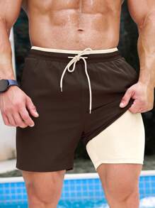 ZELFYO Men 2 In 1 Drawstring Waist Swim Trunks Milk Silk Lining - Brown - View 4