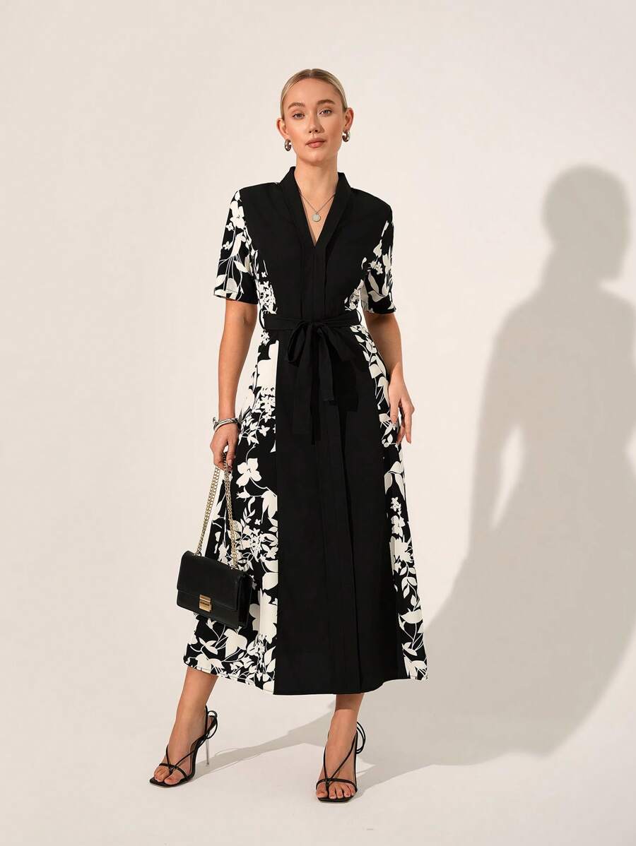 SHEIN Clasi Abito elegante da donna con stampa floreale e vita annodata - Multicolore - Visualizzare 1