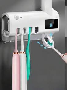 1 Peça Esterilizador de Escova de Dentes Inteligente Branca, Suporte para Escova de Dentes Montado na Parede Sem Furos, Espremedor de Pasta de Dente Automático Multifuncional com Carregamento USB, Conjunto para Banheiro Pode Segurar 4 Escovas de Dentes e Uma Pasta de Dente, Adequado para Banheiros, Dormitórios e Decoração Doméstica, Decoração de Banheiro Doméstica de Verão