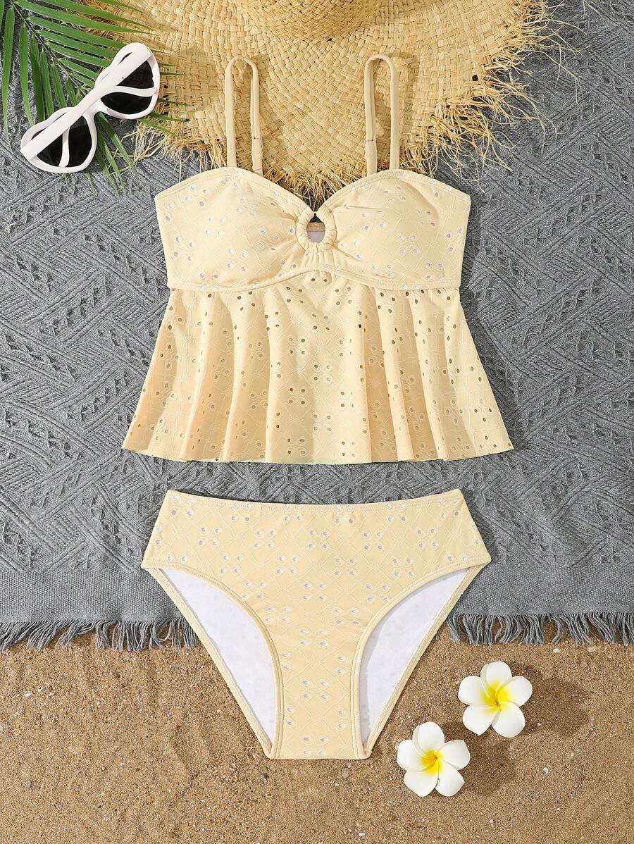 SHEIN Tween Girls Tankinis Sets, Solid Color Hollow Out Ruffle Trim Bikini Swimwear - Yellow - View 1