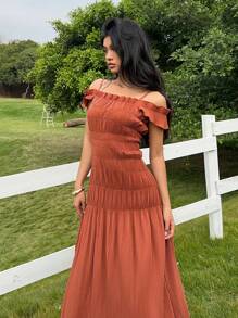 SHEIN EZwear Đầm trễ vai xếp nếp màu trơn thanh lịch cho kỳ nghỉ của phụ nữ - màu nâu - Xem 6