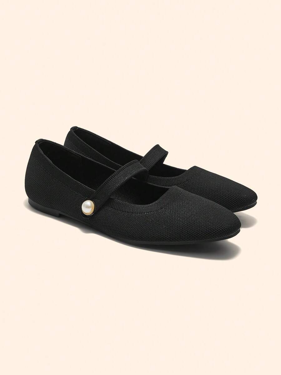 CUCCOO BASICS Fashionable Fabric Comfortable Breathable Faux Pearl Decor Mary Jane Flat Shoes For Commute, Date, Party, And Casual Wear For Christmas Spring Shoes - Black - View 1