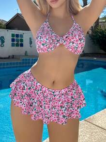 Swim Mod Women's Summer Beach Floral Print Ruffle Hem Sexy Bikini Two Pieces Swimwear Set - Pink - View 1