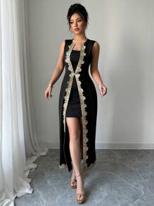 Rafferiza Elegant Waist-Cinched Fitted Sleeveless 2 In 1 Lace-Trim Black Long Dress, Suitable For Spring & Summer - Black - View 4