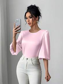 Chiquease Elegant Round Neck Bowknot Back Lantern Sleeve Shirt - Pink - View 3