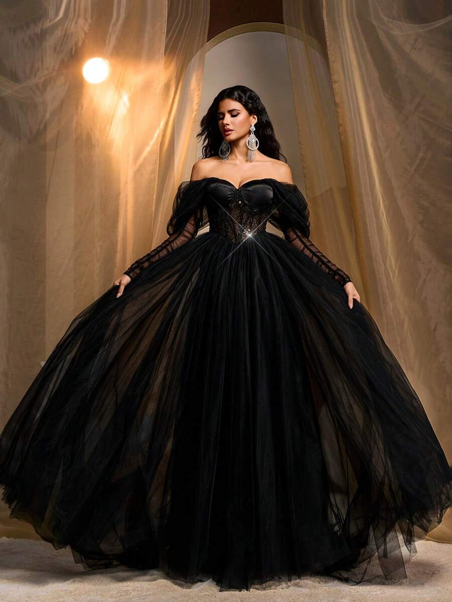 Glamrae Elegant And Luxurious Black Detachable Sleeves Off- Shoulder Sexy Sequins Mesh Puff Sleeves Corset Long Dress, Suitable For Weddings, Parties, Vacations, Dances, Celebrations, Evening Dress, Party Dress, Wedding Guest Dress, Formal Dress, Gown, Halloween - Black - View 1