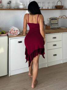 Romantic Elegant Contrast Color Ruffle Asymmetric Hem Sexy Camisole Nightdress - Burgundy - View 2
