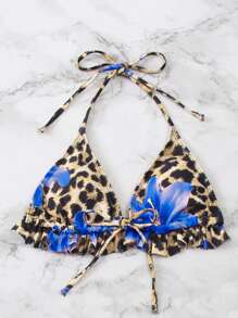 Set da bagno composto da 3 pezzi: 1 bikini con lacci su spalla, petto e fianchi, e 1 vestito da spiaggia in tessuto a rete con volant, adatto per primavera, festival boho