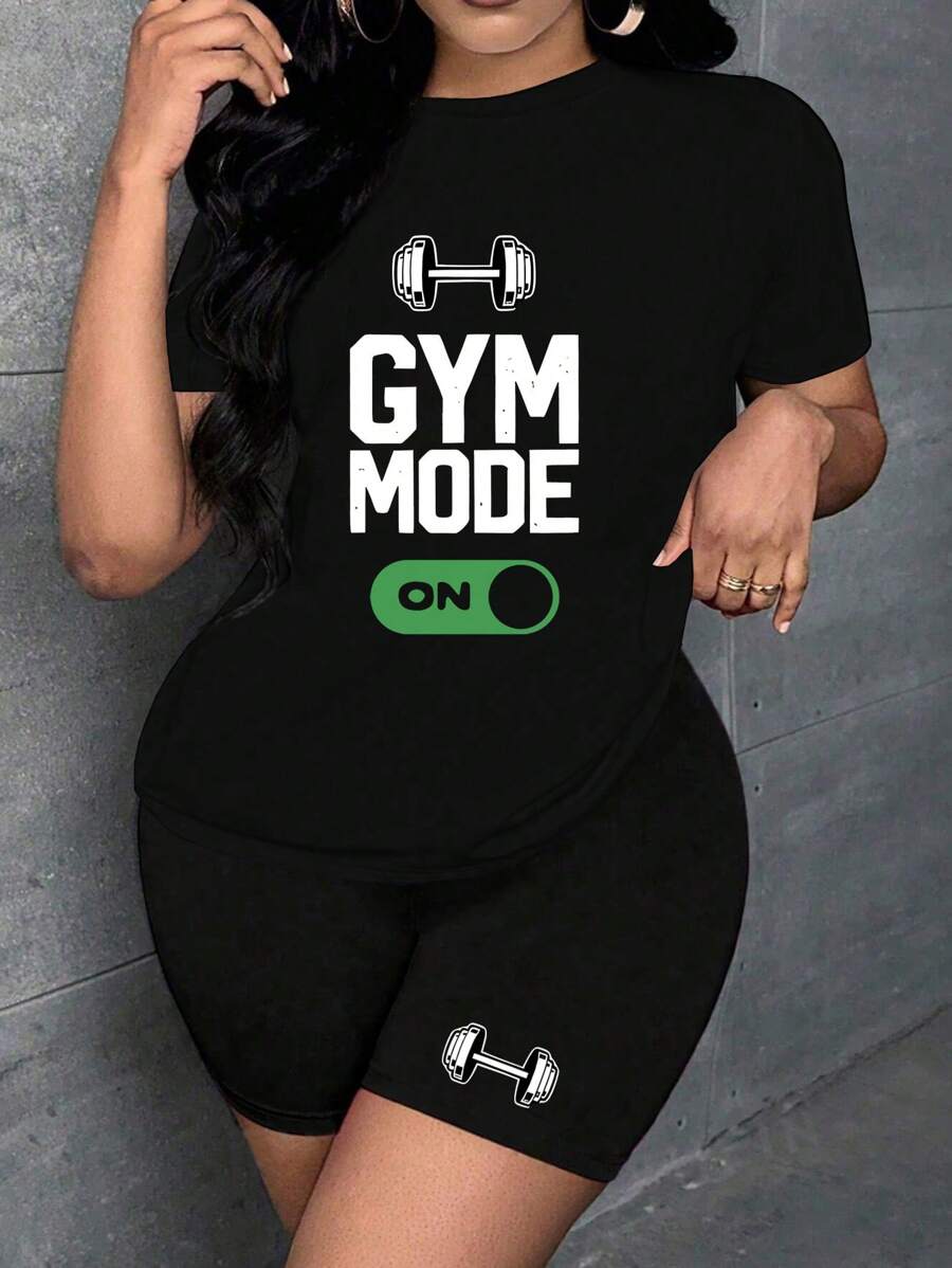 INAWLY 2 件套女士字母印花短袖上衣和短裤 - 黑色 - 查看 1