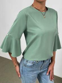 Chiquease Women's Solid Color Round Neck Handmade Beaded Flare Sleeve Shirt