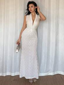 Chiquease Women Textured Bodycon Waist Cinching Fishtail Maxi Elegant Dress Fall Cloth For Women - Apricot - View 6