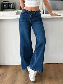 SHEIN Jeans de pierna ancha con cinturón asimétrico de cintura baja