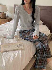 DAZY 2pcs Women Spring Casual Loose Comfy Lounge Set, Home Wear, Cozy Outfits, Fall Winter Clothes - Light Grey - View 4