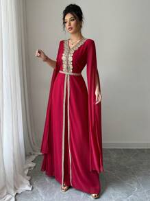 Rafferiza 优雅日常连衣裙，V 领，金色蕾丝边，收腰，A 字形，透明雪纺长袖，红色，女士，春夏 - 紅色 - 查看 5