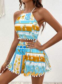 SHEIN VCAY Floral Print Crisscross Tie Backless Halter Top & Shorts Two Pieces Set - Cadet Blue - View 3