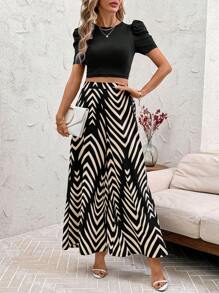 SHEIN Clasi Classic Women Crew Neck Ribbed Cropped Top & Wide Leg Pants, Navy Co-Ord Set With Print, Spring/Summer Vacation & Daily Elegant - Black - View 5