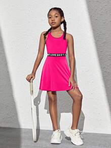 SHEIN Leap Crew 青少年女孩休闲运动时尚无袖运动防闪光连衣裙 - 玫紅色 - 查看 3
