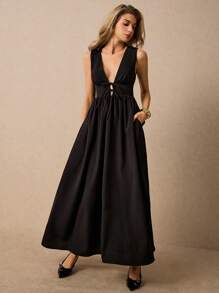 Poéselle Women's Elegant Black Maxi Dress,Summer Night Out Tie-Front Sleeveless Long Dress,Chic Casual Party Outfits,Sleek Resort Dresses For Women - Black - View 5