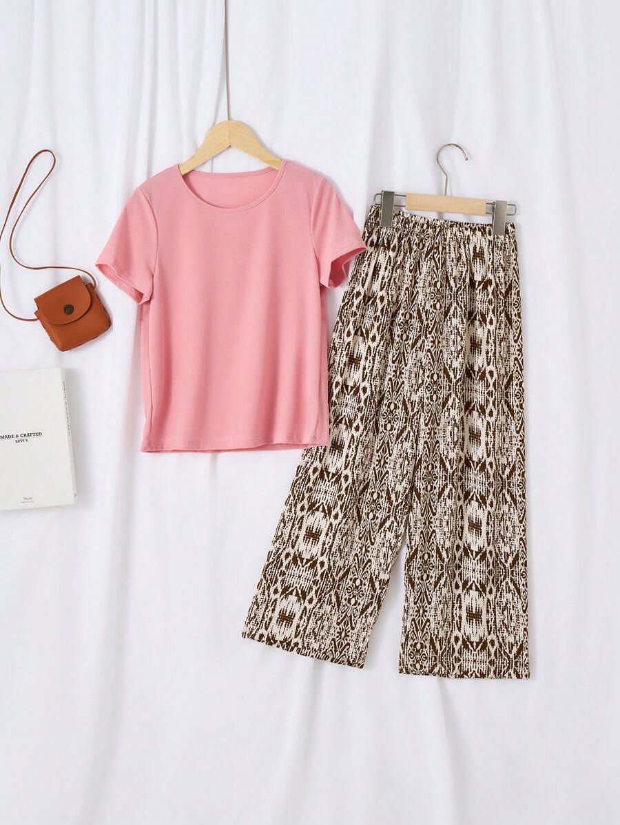 Girls' Elegant Casual 2pcs Set, Solid Pink Short Sleeve Top And Floral Print Pants, Loungewear,Summer,Travel - Multicolor - View 1