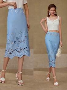 MOTF PREMIUM HOLLOW OUT EMBROIDERY SKIRT - Blue - View 8