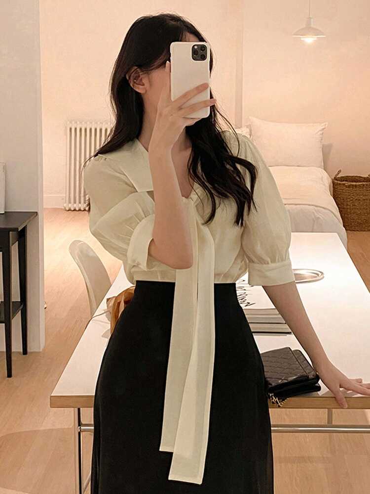 Women's Solid Color Frill Collar Loose Short Sleeve Blouse Business Women Attire