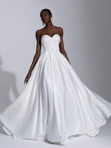 Elitara Elegant Luxurious Satin Bustier Pleated Dress With Extra-Large Hem And Train, Suitable For Wedding, Party, Vacation, Prom, Bridal Gown, Bride