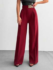 EURMUSE Women Wide Leg Pant With Leopard Belt Detail - Burgundy - View 3