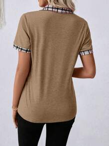 EMERY ROSE Camiseta de manga corta informal de parches de cuadros, estampado aleatorio, primavera/verano