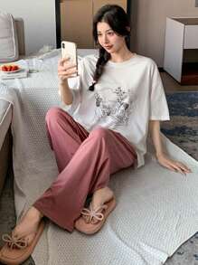 DAZY 2pcs/Set Loose Print Comfortable Women Pajamas Set - White - View 3