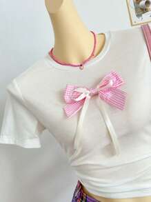 SHEIN 女士 3D 蝴蝶刺绣圆领短袖 T 恤 - 白色 - 查看 2