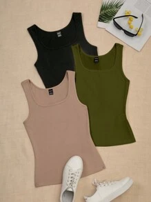 SHEIN PETITE 女士夏季方领休闲纯色背心组合图案 T 恤女士上衣 - 彩色 - 查看 3