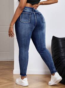 Slaydiva 蓝色大码牛仔裤休闲紧身弹力破洞紧身裤 - 深色水洗藍 - 查看 5