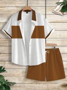 Manfinity Homme K006 - Casual Shirt & Shorts Set For Men, Minimalist Fashion, Suitable For Summer Men Summer Clothes Men Shirt Co Ords Outfits For Men Men Shirt Co Ords Men Clothes Men Shirt Co Ords Men Outfits Men Shirt Co Ords Summer Outfits For Men Men Shirt Co Ords - Multicolor - View 3