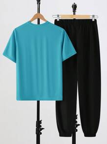 SHEIN 2 件套青少年男孩休闲简约字母印花圆领套头衫套装，适合夏季、运动、跑步、户外