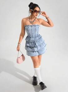 SHEIN EZwear 女式荷叶边下摆抹胸式牛仔连衣裙 - 藍色 - 查看 1