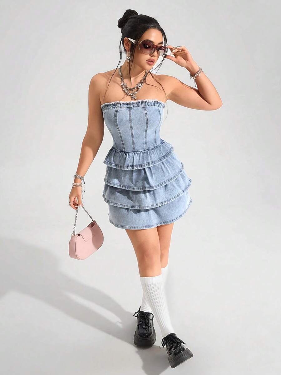 SHEIN EZwear 女式荷叶边下摆抹胸式牛仔连衣裙 - 藍色 - 查看 1