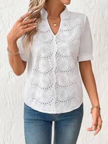 SHEIN Clasi 优雅女士刺绣 V 领短袖衬衫