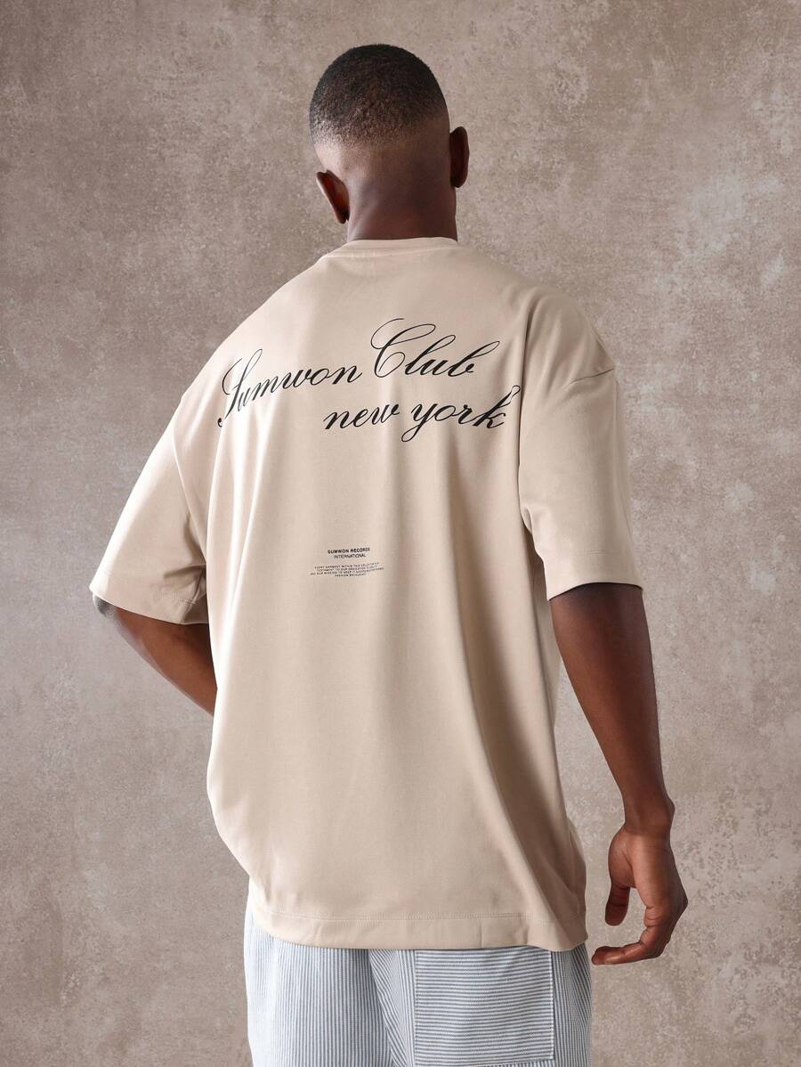 Sumwon Club New York Premium Oversized T-Shirt Urban Streetwear Classic Script Logo Casual Summer Fashion Statement Piece - Khaki - View 1