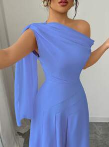 Elenzga Spring 2025 New Arrival Blue Asymmetrical Neck Net Yarn Ribbon Flowy Wide Hem Cinched Waist Dress, Flattering - Blue - View 3