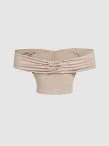 SHEIN MOD Plus Size Women's Elegant Khaki Two Pieces Set Women: Off-Shoulder Top & Skirt,Valentines Clothes,Summer Vacation,Spring/Summer,Brunch,Vintage 2 Pieces Set For Woman,Vacation Two Pieces Set,Beach Outfits For Woman,Western Wear Women,Country Concert Outfit,Beach Vacation,Easter - Apricot - View 5