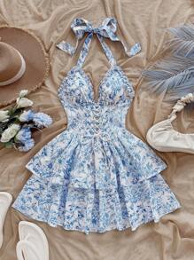 Soleia Women's Vacation A-Line Blue Floral Layered Ruffle Camisole Romantic Dress For Valentine's Day - Blue and White - View 7