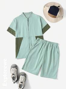 2pcs/Set Teenage Boys Casual Fashionable Minimalist Outdoor Splicing Short Sleeve Shirt & Shorts Set, Suitable For Spring/Summer Everyday Wear, Hiking, Summer Camp - Multicolor - View 1