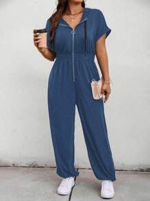 Calvaya 大码 V 领短袖纹理面料前拉链收腰连帽连身裤适合休闲穿着 - 藍色 - 查看 4