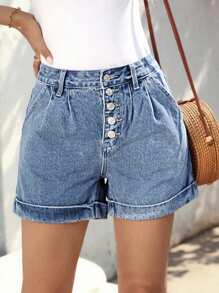 EMERY ROSE Damen lässige Denim-Shorts mit Fransensaum und Knopfverschluss für den Urlaub - Blau - Übersicht 1