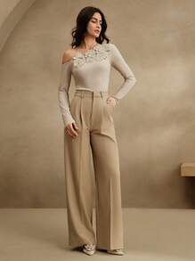 Anewsta Women's Elegant Floral Embroidered & Studded Slim Fit Open Shoulder Asymmetrical Knit Top, Suitable For Festivals, Going Out, Vacation - Khaki - View 6