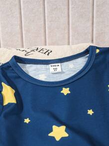 2pcs Toddler Boys Minimalist Star & Moon Print Long Sleeve Top And Pants Casual Comfortable Loungewear Set - Navy Blue - View 3