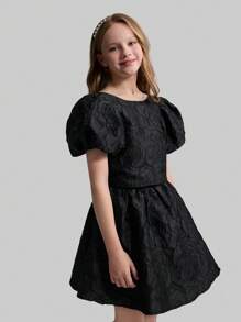 Ontre Conjunto de 2 piezas para niña preadolescente con camisa de mangas con forma de pétalo de tejido jacquard y falda entallada