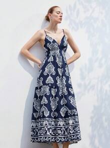 Aveloria Modichic Vintage Retro Printed V-Neck Sleeveless Loose Dress With Flared, Slimming, Suitable For Vacation At Beach, Color: Blue Base With White Retro Print