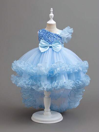 Glamorique Kids Young Girl Christmas Santa Dress, Halloween, New Year Party Wear, Piano Recital Performance Tulle Bowknot Cutout Back Ruffles Princess Gown, Partywear Royal Blue Dress For Girls